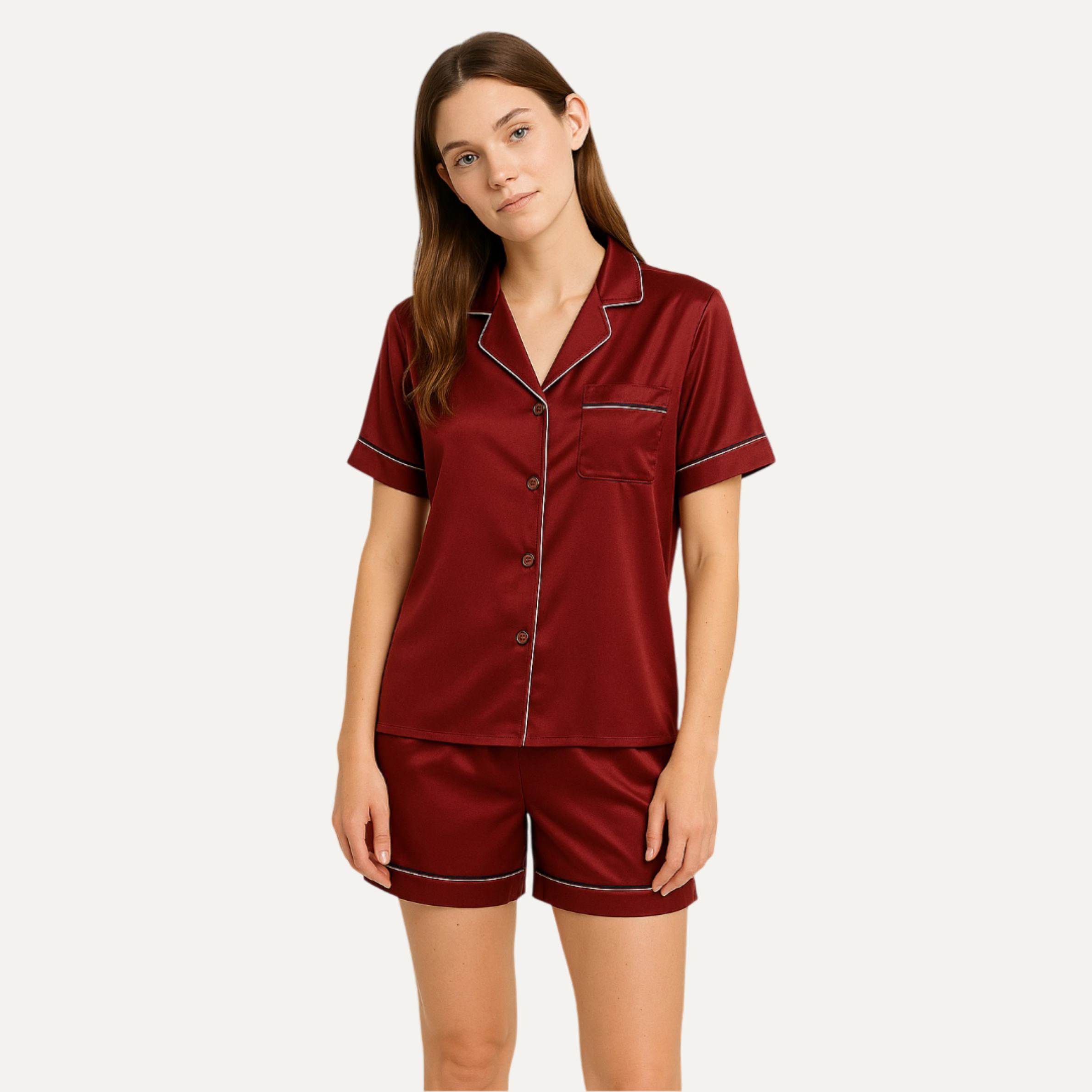 Care You bordo %100 İpek Kısa Pijama Takımı, cilt dostu ve yaşlanma karşıtıdır.